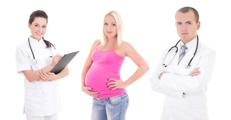 pregnant woman, doctor and nurse isolated on white