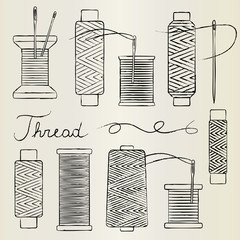 Vintage hand drawn thread spools and needles