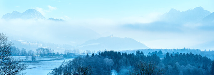 Winter mountain village misty panorama (Austria).