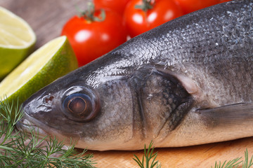 Raw sea bass fish on cutting board close-up horizontal