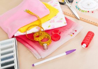 Colorful fabrics and sewing accessories