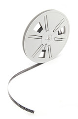 Film reel with film on white background