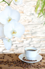 Fototapeta na wymiar Black coffee and orchid