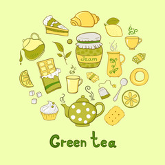 Tea and sweets icons set