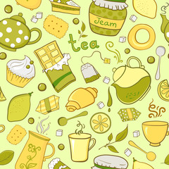 Tea and sweets seamless pattern in doodle style