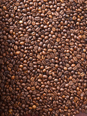 Numerous coffee beans which have been scattered all over the sur