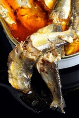sprats in oil on a black background