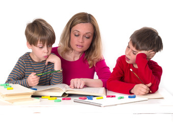 mother with children, reading together