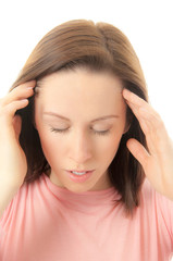 Naklejka premium Tired stressed woman holding head