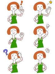 エプロンをつけた女性　6種類の仕草とポーズ