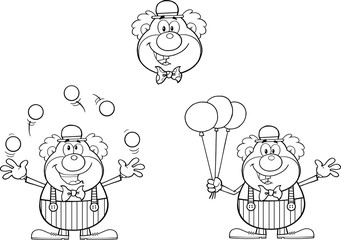 Black and White Funny Clown Cartoon Characters. Collection Set