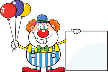 Funny Clown Cartoon Character With Balloons Showing A Blank Sign