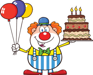 Birthday Clown Character With Balloons And Cake With Candles