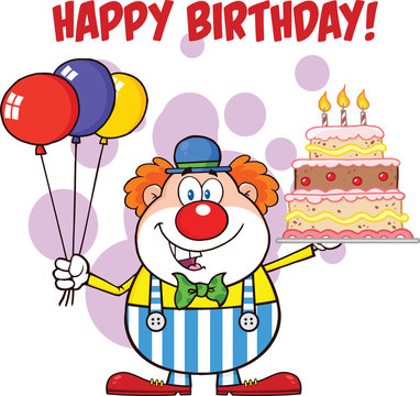 Happy Birthday With Clown With Balloons And Cake With Candles