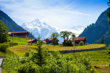 Gordijnen Traditional countryside with houses near Alps © Sergey Novikov