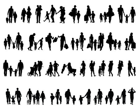 Black silhouettes of families in  walking, vector