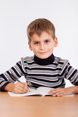 Cute schoolboy is writting