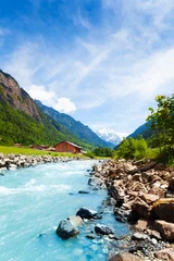 Foto op Aluminium Prachtig Zwitsers landschap met rivierstroom © Sergey Novikov
