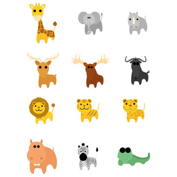 Set Of Different Cartoon Adorable Animals Isolated