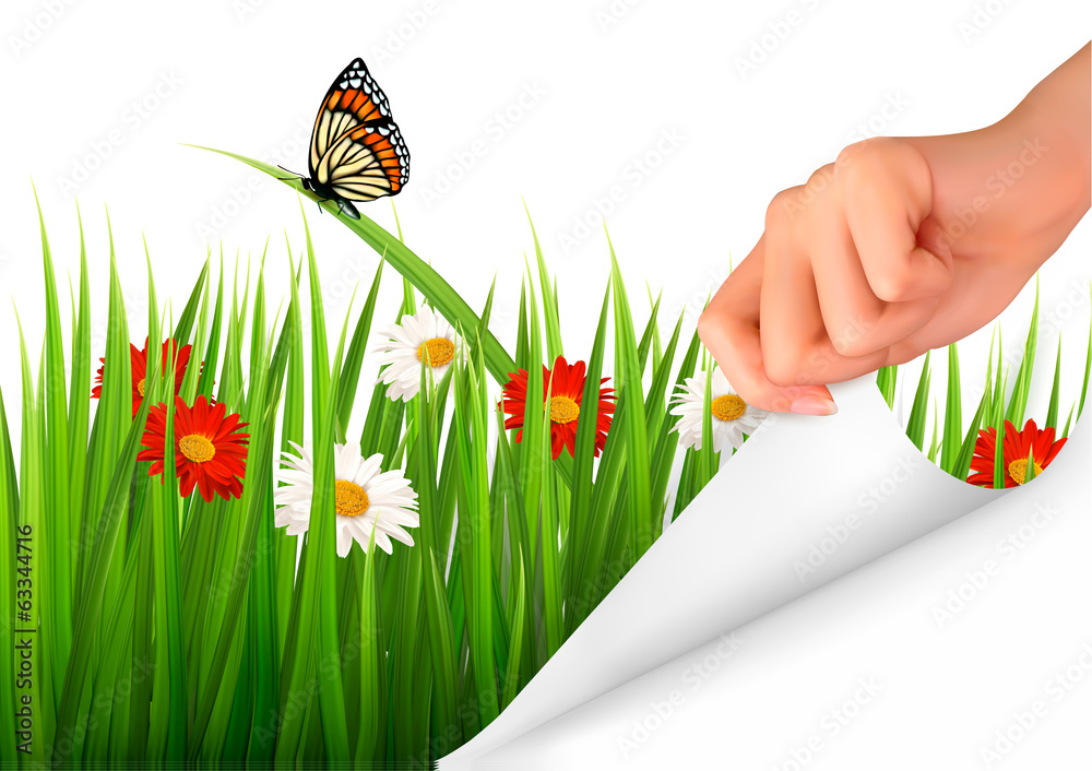 Aufkleber spring background with flowers, grass and a hand. vector.