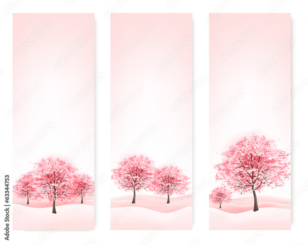 Poster three spring banners with blossoming sakura trees. vector.