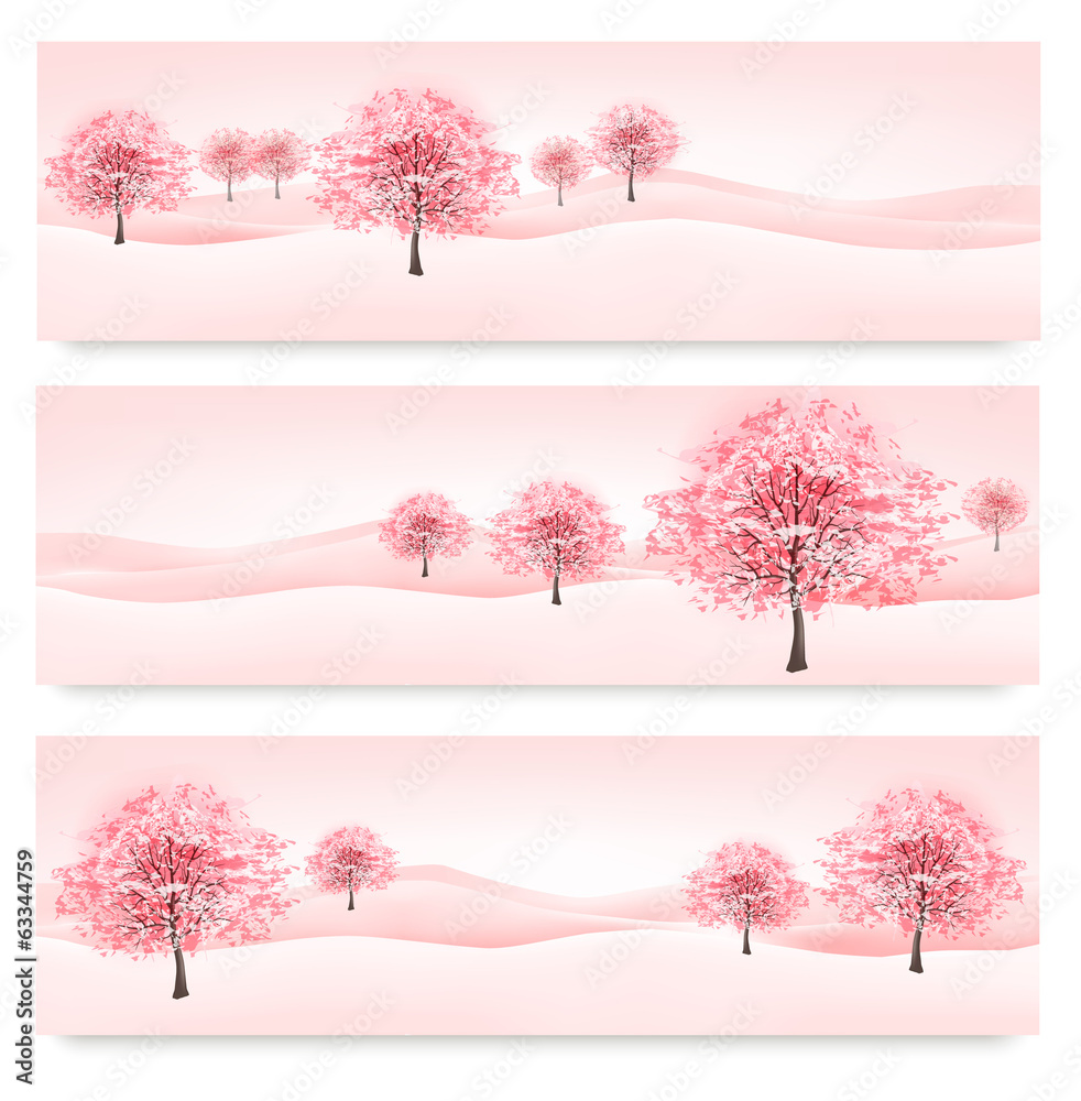 Poster three spring banners with blossoming sakura trees. vector.