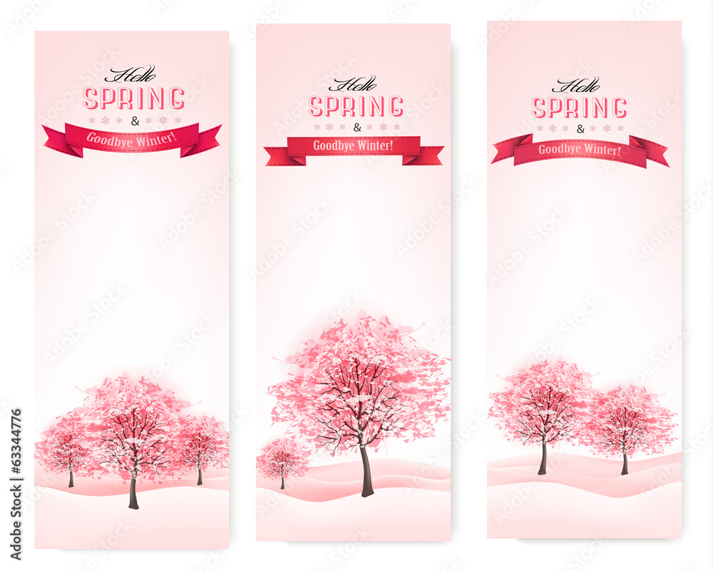 Poster three spring banners with blossoming sakura trees. vector.