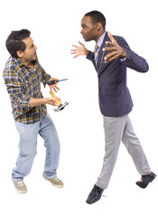 business executive being bossy to a blue collar worker