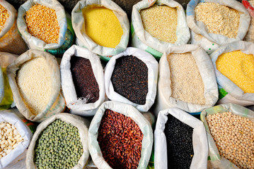 Sacks Of Healthy Legumes And Grains