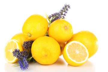 Naklejka na ściany i meble Still life with fresh lemons and lavender, isolated on white