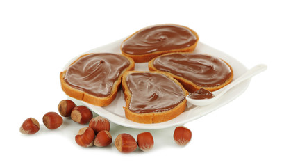 Bread with sweet chocolate hazelnut spread