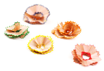 Color pencil shavings, isolated on white