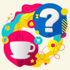 Cup and question mark on abstract colorful splashes background w
