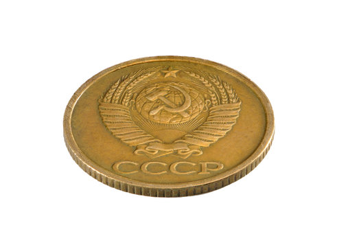 Old Soviet one copeck coin isolated on white background