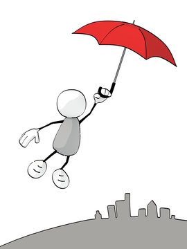 little sketchy man flying with an red umbrella