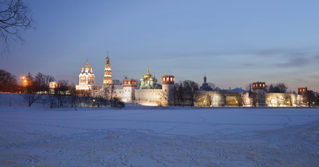 Panorama of Novodevichy women's monastery at night. Moscow