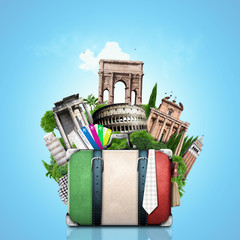 Obraz premium Włochy, atrakcje Włochy i retro walizka, podróż