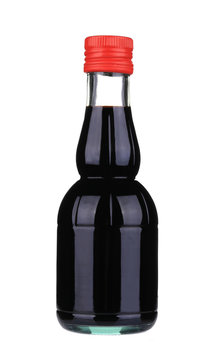 Soy sauce in a glass jar.