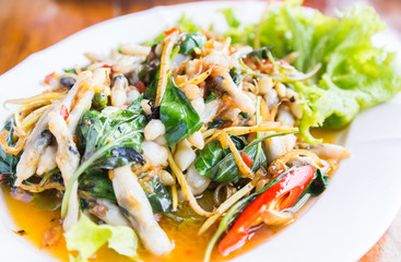 Fried Spicy Herbal Vegetables With Razor Clams