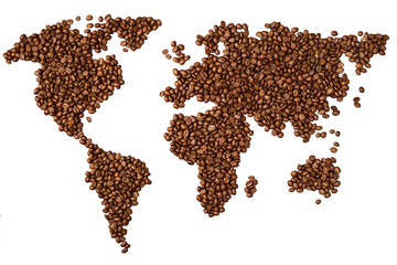 World map made of cofee beans, isolated on white