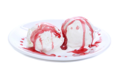 Collage of ice cream with red syrup