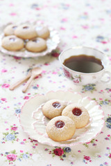 Peanut Butter Cookies with Jam on light background