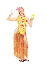 Woman in hawaiian costume giving thumb up