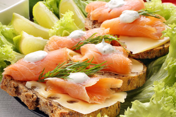 Bread with cheese, salmon and dill dip