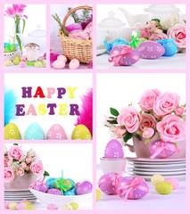 Easter collage with easter eggs and table setting