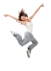 slim hip-hop style teenage girl dancer jumping dancing