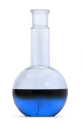 Chemical round flask  filled with blue contaminated  liquid