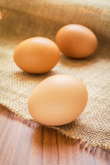 Chicken brown eggs on sack