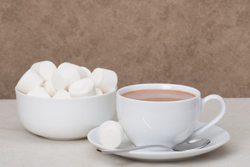 Heap Of Marshmallows In White Bowl. Hot Chocolate Drink