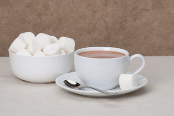 Fototapeta na wymiar Heap Of Marshmallows In White Bowl. Hot Chocolate Drink